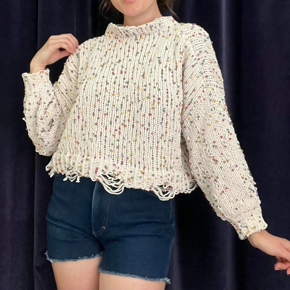 Super cute distressed rainbow dotted sweater